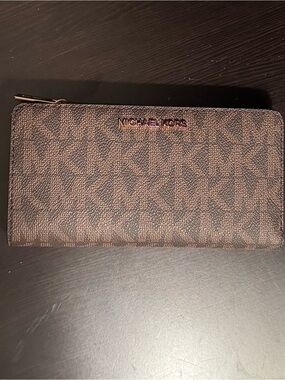 Michael Kors Brown Monogram Zip Wallet with Gold Logo
